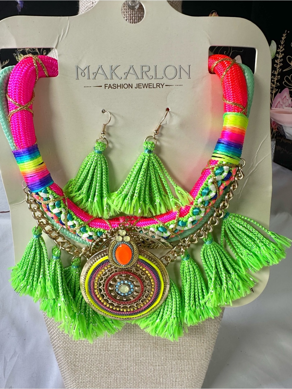 Makarlon Neon Green Multicolor Statement Necklace with Tassels